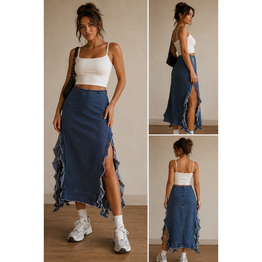 Sweet Rain Denim Ruffle Maxi Skirt Medium Wash Asymmetrical Raw Edge Slit M